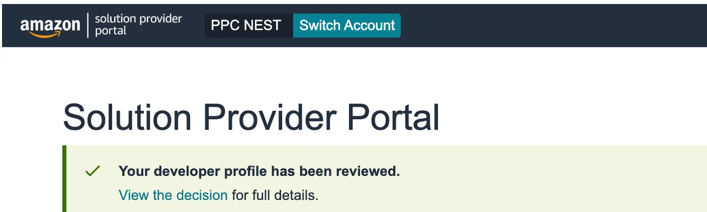 Amazon Solution Provider Portal home page showing the agency name and Switch Account button in the top bar