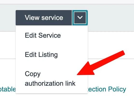 Action dropdown next to View service with the Copy authorization link option highlighted