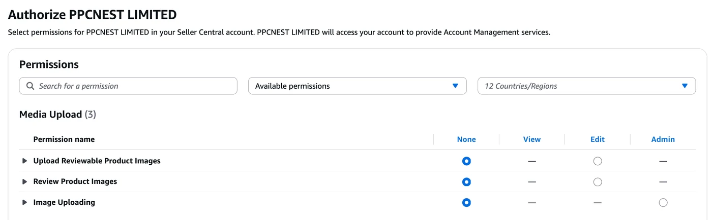 Seller-facing Authorize PPCNEST LIMITED screen with permission levels None, View, Edit and Admin