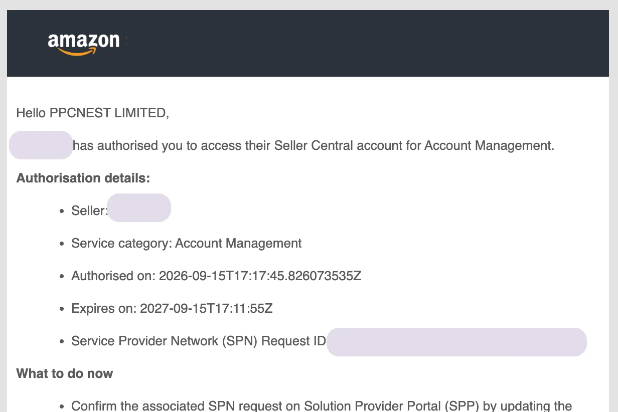 Amazon email confirming a seller has authorised the agency, with service category, authorisation and expiry dates, and SPN Request ID