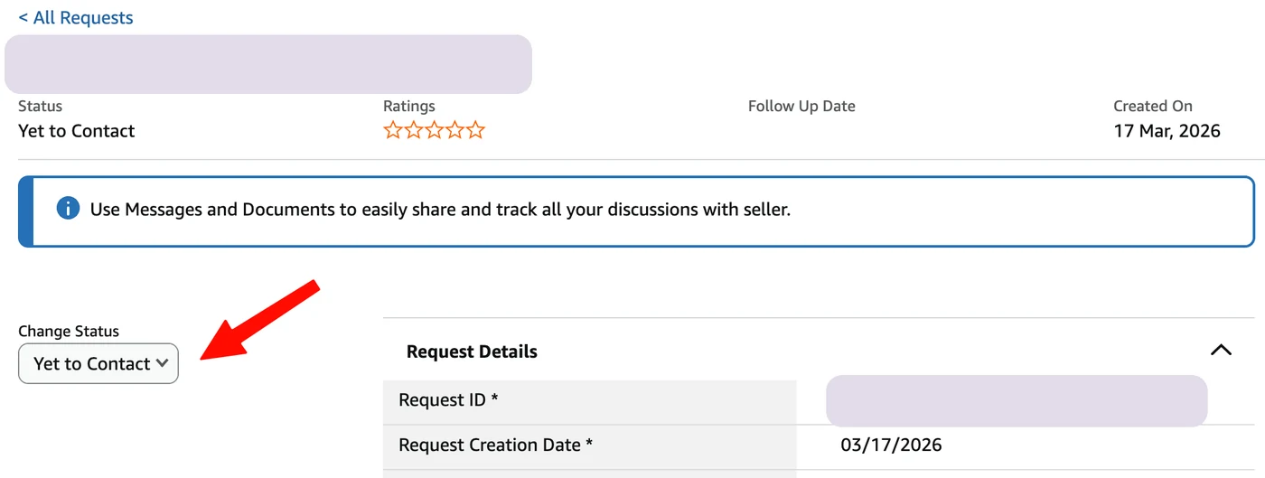 SPN request page in the Solution Provider Portal showing Status Yet to Contact and the Change Status dropdown