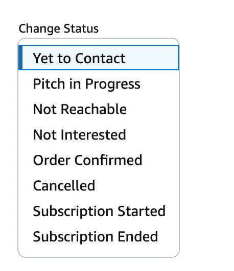 Change Status list with options including Yet to Contact, Pitch in Progress, Order Confirmed and Subscription Started